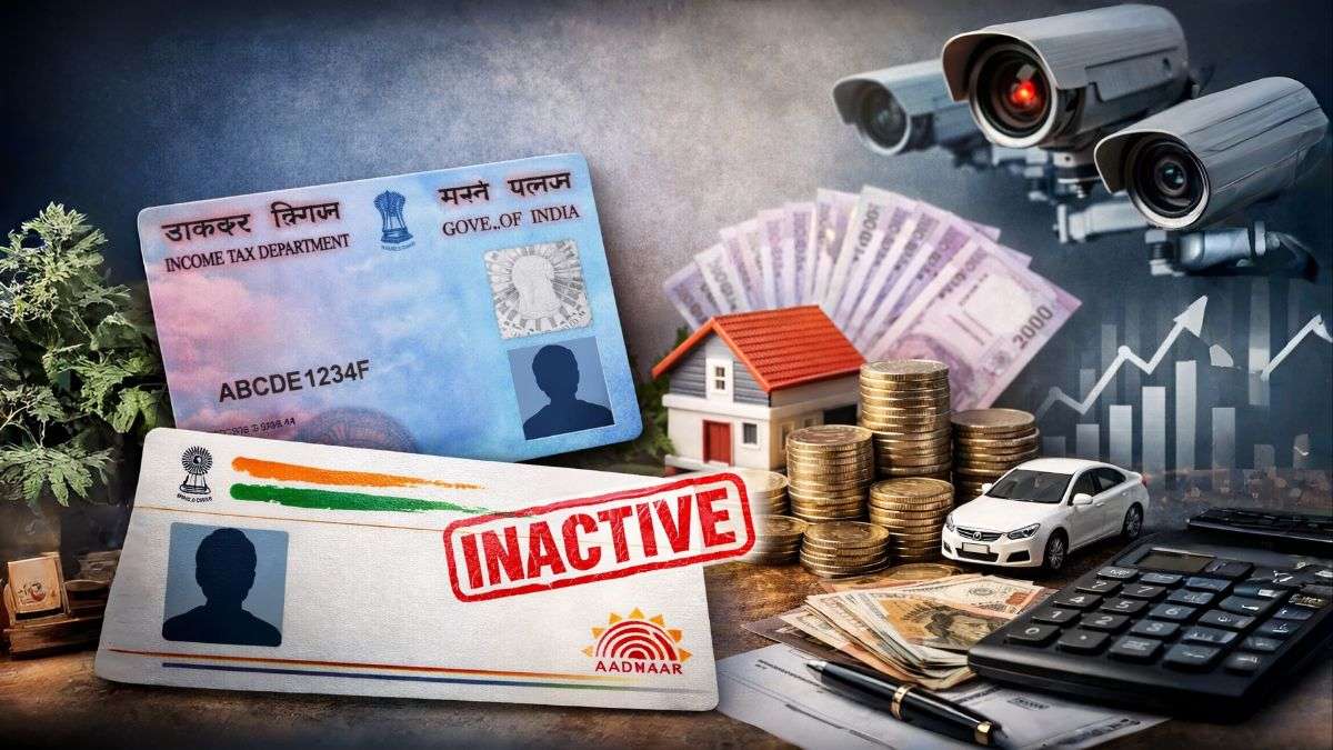 PAN card and Aadhaar card showing inactive status with financial symbols representing new rules 2026 in India