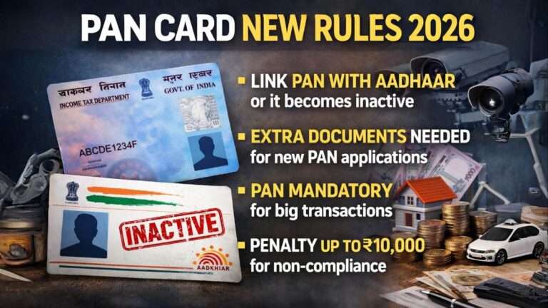PAN Card New Rules 2026 infographic showing Aadhaar linking, inactive PAN status, mandatory transactions and penalty up to 10000 in India