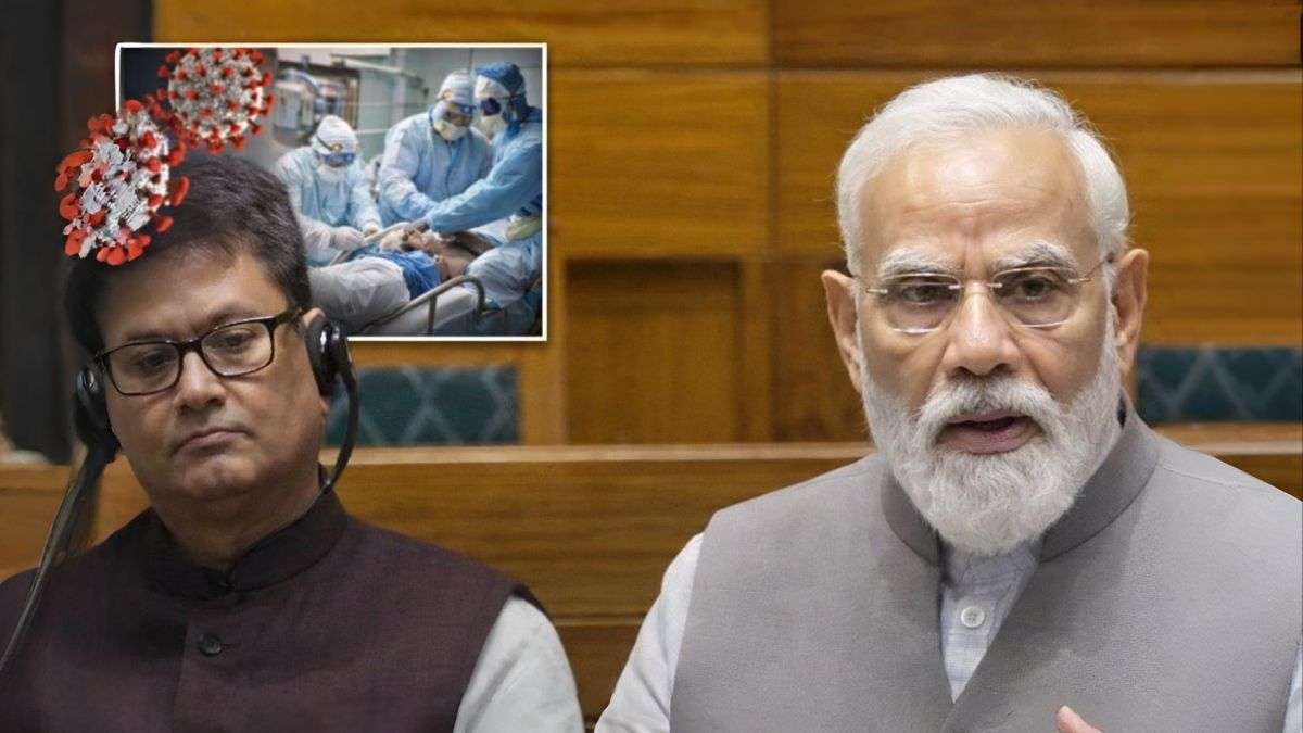 Prime Minister Narendra Modi speaking in Parliament on Middle East crisis with COVID comparison visual highlighting India preparedness and global tension impact