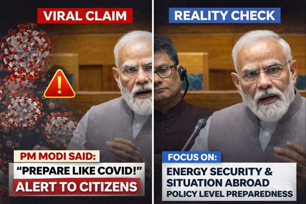 Viral claim versus reality check image showing PM Modi COVID preparation claim compared with actual government preparedness focus on energy security and global situation