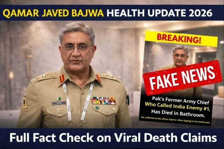 Qamar Javed Bajwa health update 2026 featured image showing Pakistan former Army Chief with fake news stamp and viral death claim fact check headline