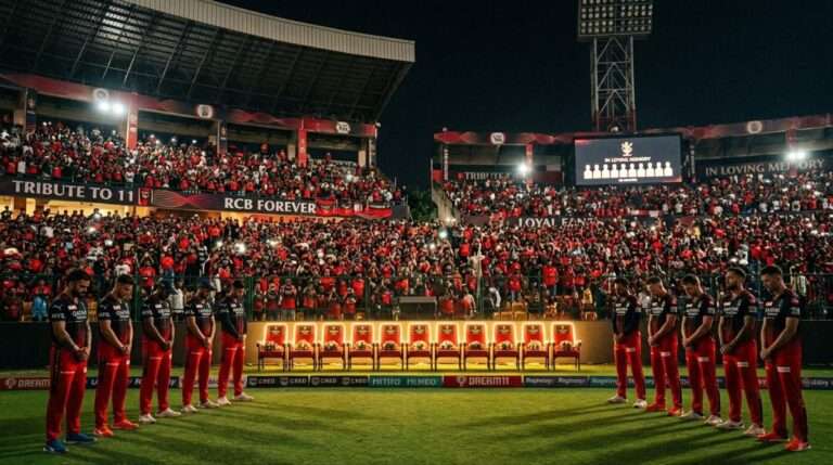 RCB players honoring Bengaluru stampede victims with 11 empty seats tribute at Chinnaswamy Stadium IPL 2026