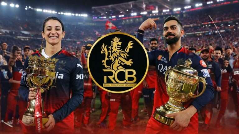 Royal Challengers Bengaluru players Virat Kohli and Smriti Mandhana holding trophies with RCB logo during IPL celebration representing RCB ownership deal news 2026