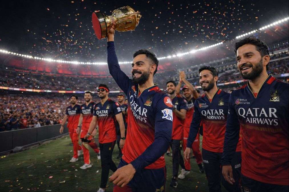 Royal Challengers Bengaluru players celebrating with trophy at M Chinnaswamy Stadium after Karnataka government approved IPL matches in Bengaluru