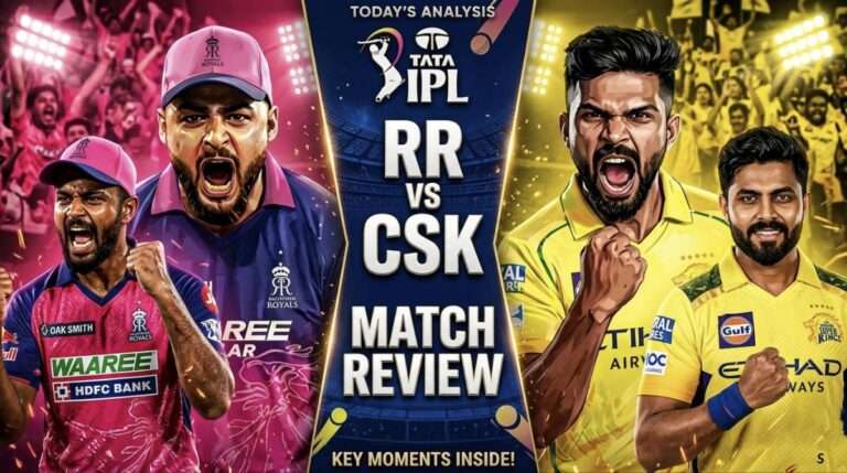 RR vs CSK IPL match review thumbnail with players celebrating and bold dramatic background