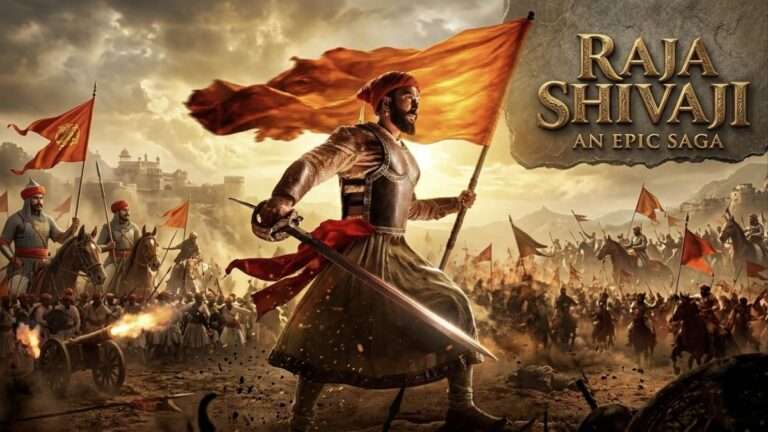Raja Shivaji first look teaser 2026 poster with saffron flag