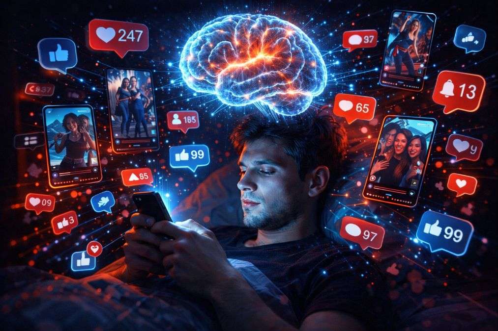Social media reels addiction concept with smartphone and brain dopamine effect
