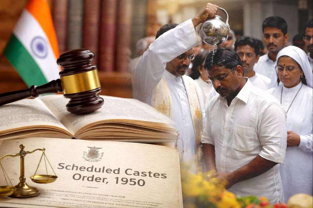 Legal concept image showing Scheduled Castes Order 1950 with gavel and depiction of religious conversion ceremony in India