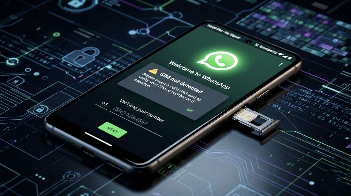 WhatsApp SIM binding rule concept showing SIM card removed from smartphone