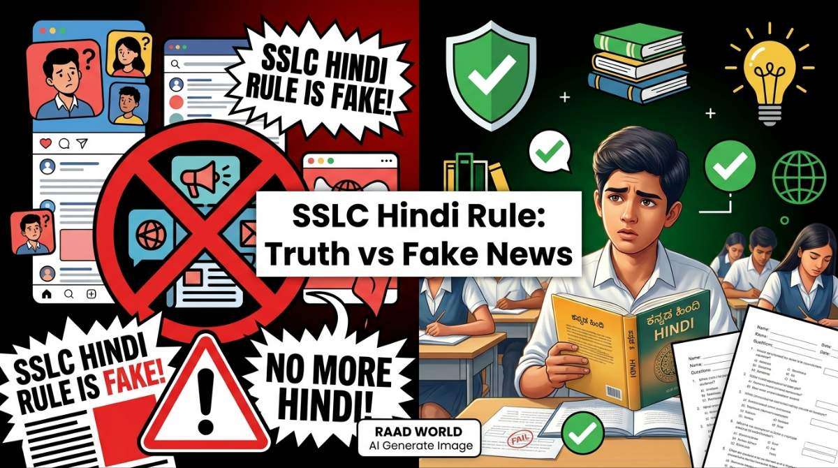 Truth vs fake news concept for Karnataka SSLC 2026 Hindi rule with social media confusion and correct information