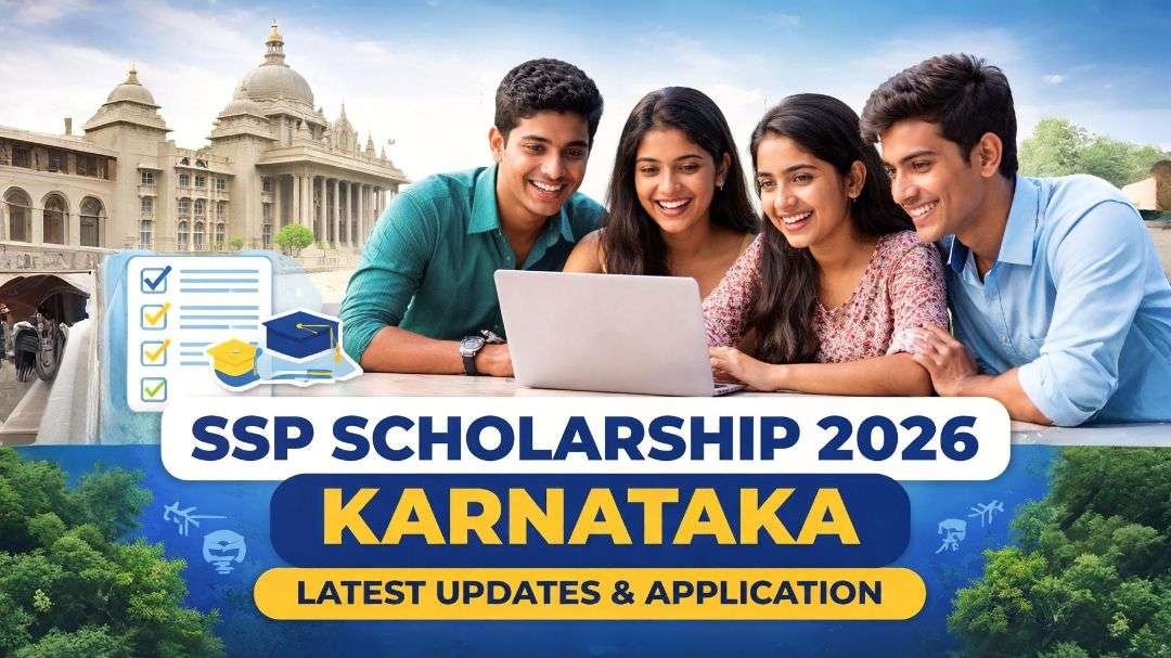 SSP Scholarship 2026 Karnataka latest updates banner showing students applying for State Scholarship Portal financial aid