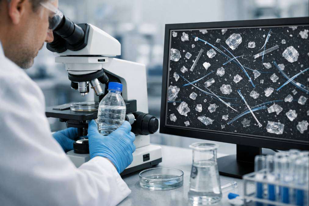 Scientist analyzing bottled water sample under microscope to detect microplastic particles in laboratory.