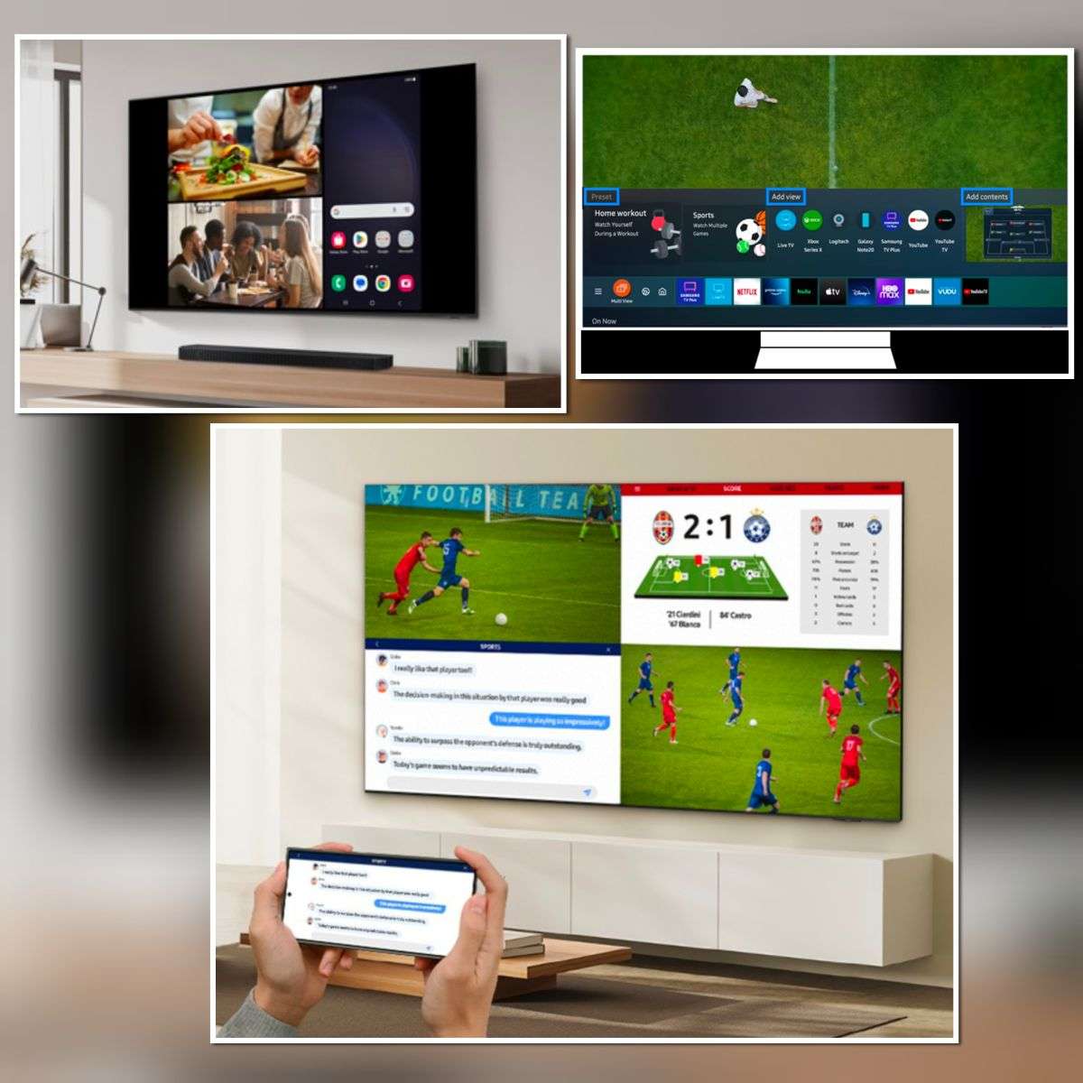 Samsung smart TV multi view feature showing split screen with two videos