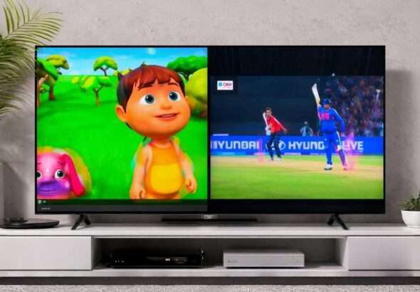 Split screen smart TV showing kids cartoon on one side and live cricket match on the other using multi view technology