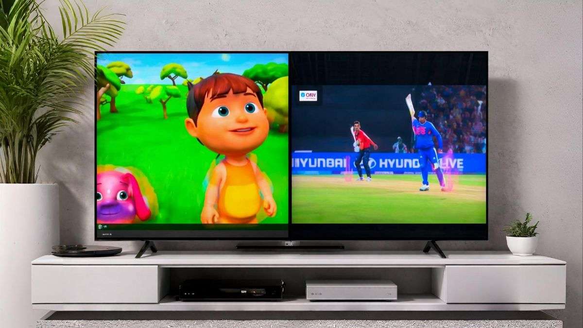 Split screen smart TV showing kids cartoon on one side and live cricket match on the other using multi view technology
