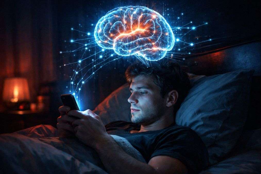 Smartphone addiction concept showing glowing brain connected to phone at night