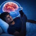 Smartphone addiction concept showing brain activity while scrolling on mobile phone