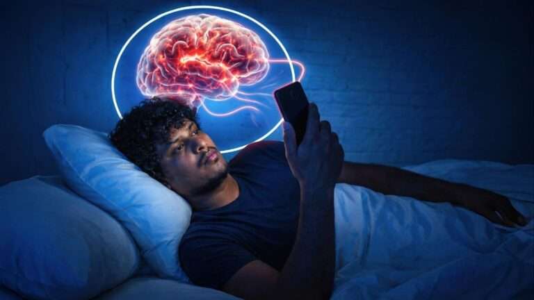 Smartphone addiction concept showing brain activity while scrolling on mobile phone
