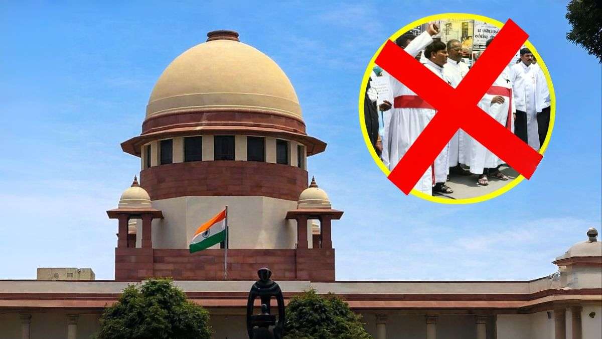 Supreme Court of India building with concept graphic highlighting Scheduled Caste status and religious conversion law in India
