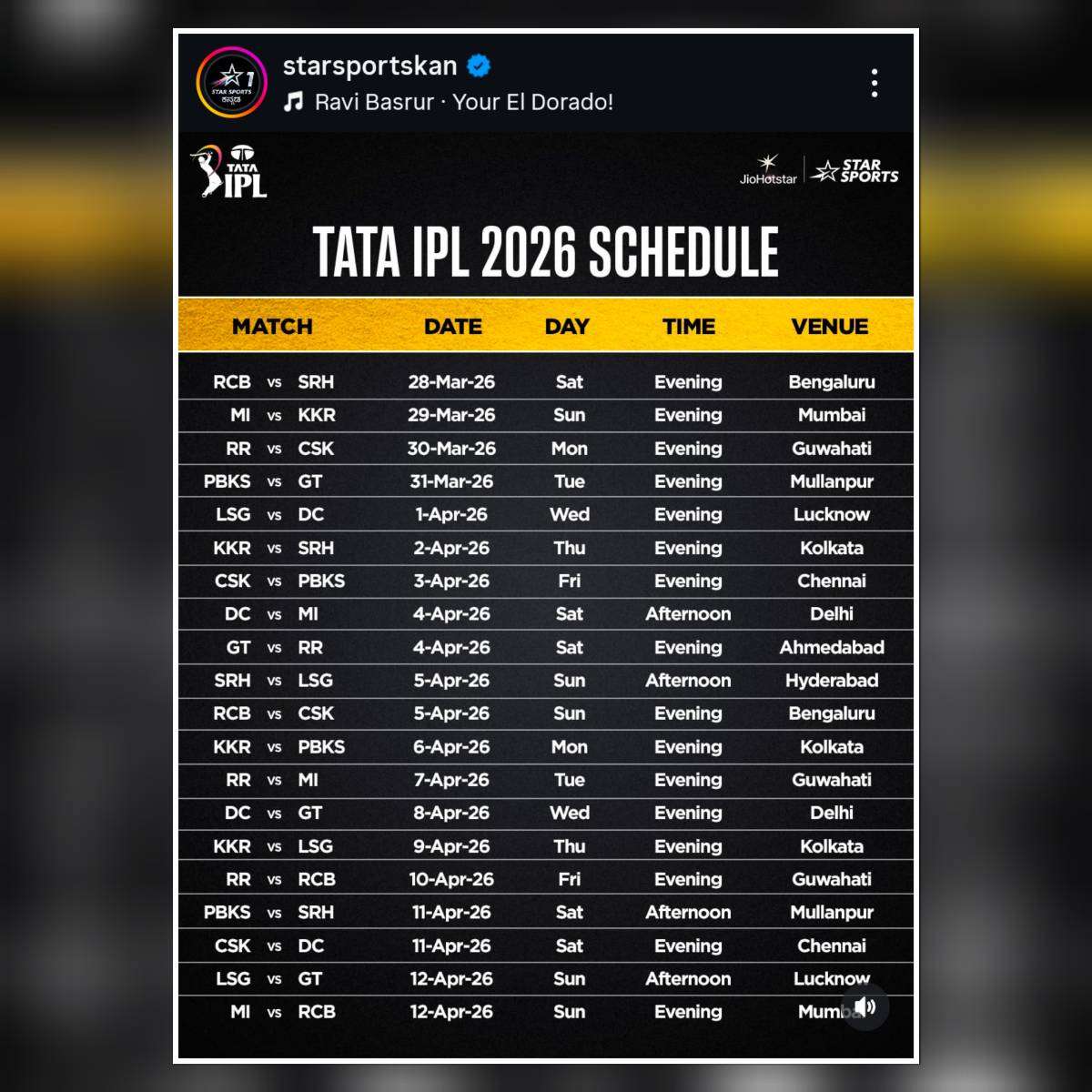 TATA IPL 2026 schedule table showing match dates teams time and venues including opening match RCB vs SRH on March 28 2026 in Bengaluru