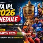 TATA IPL 2026 schedule announcement poster with IPL trophy and players highlighting opening match RCB vs SRH starting March 28 2026