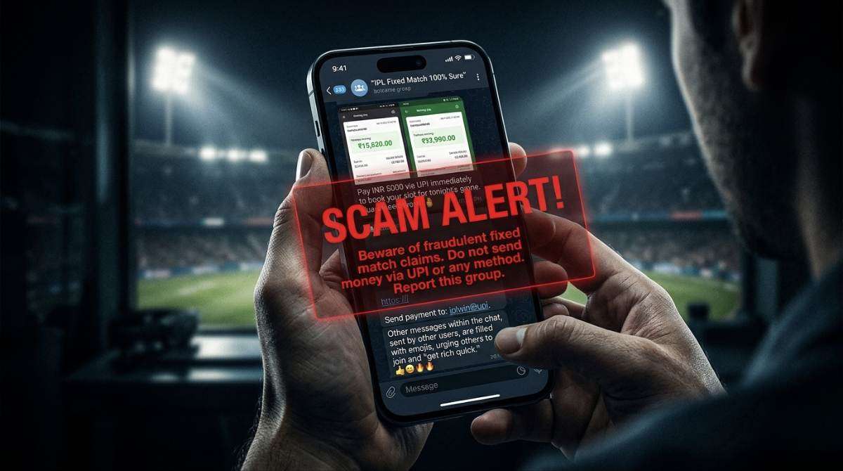 IPL Telegram scam group showing fake fixed match predictions and payment requests