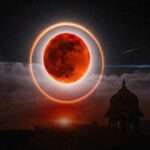 Deep red Blood Moon during total lunar eclipse glowing in night sky above temple silhouette RAAD WORLD astronomy feature image