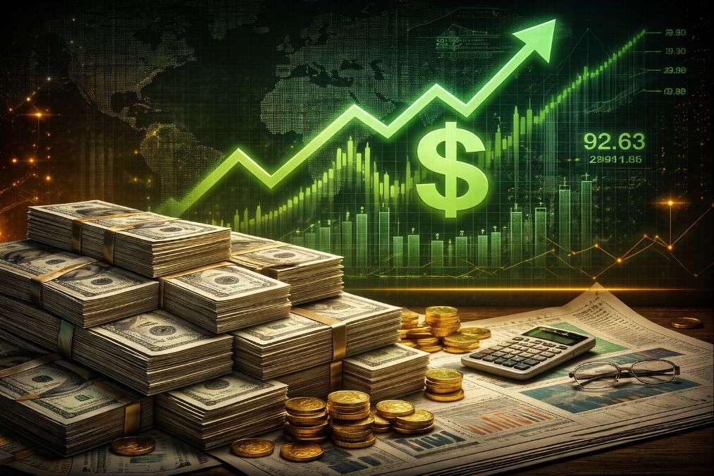 US Dollar strengthening with rising financial graph showing upward trend, stacks of dollar currency, and global market growth indicators