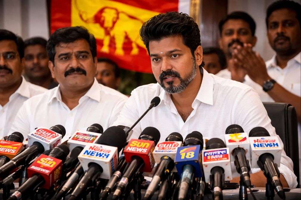 Actor-politician Vijay speaking at a press interaction with microphones from news channels as TVK leaders respond to rumours about a BJP alliance.