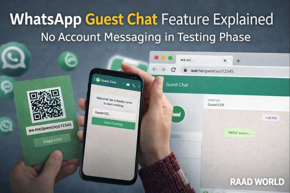 WhatsApp guest chat feature interface showing QR code link and browser-based messaging without account login