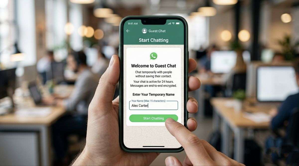 WhatsApp guest chat interface showing temporary name entry and start chatting option on mobile screen