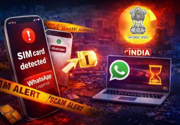 WhatsApp SIM binding rule India 2026 illustration showing SIM card removed and WhatsApp logout warning