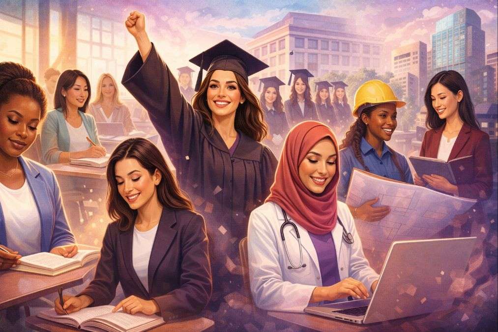 Women empowerment illustration showing women studying, graduating, and working in professional careers for International Women's Day