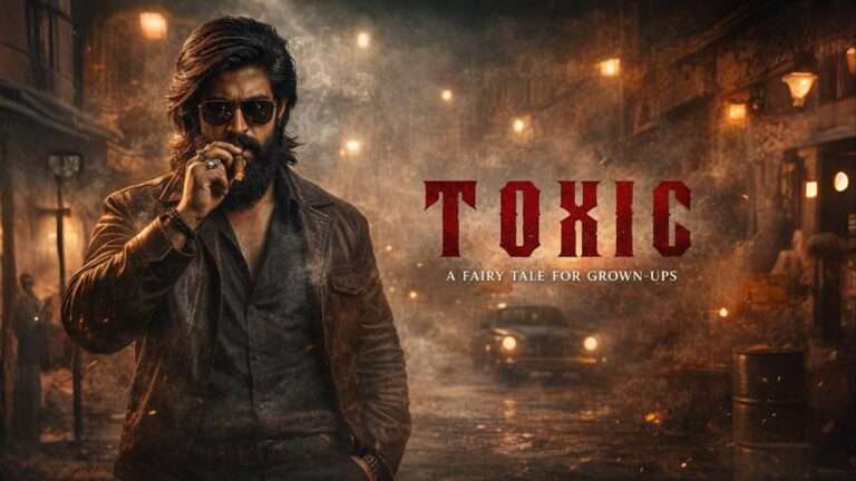 Yash Toxic movie poster featuring dark gangster theme with cinematic background from Toxic A Fairy Tale for Grown-Ups releasing June 4 2026