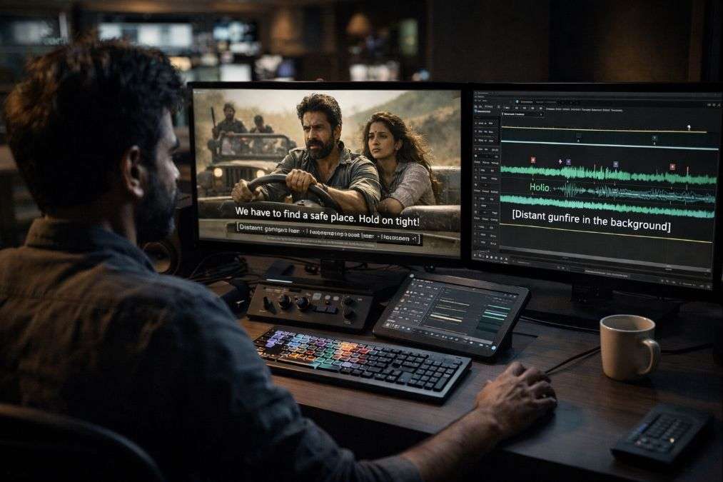 Film editor adding subtitles and audio description during movie post-production.