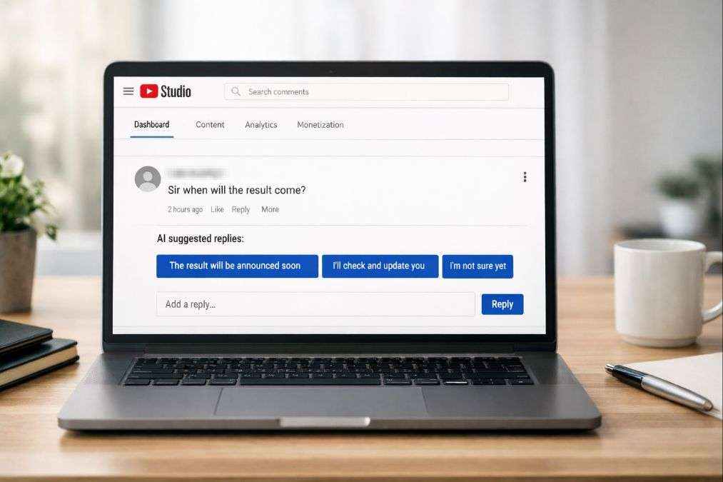 YouTube Studio AI auto reply suggestion feature displayed on laptop screen
