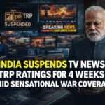 Indian television newsroom screens showing TRP rating suspension news during global war coverage