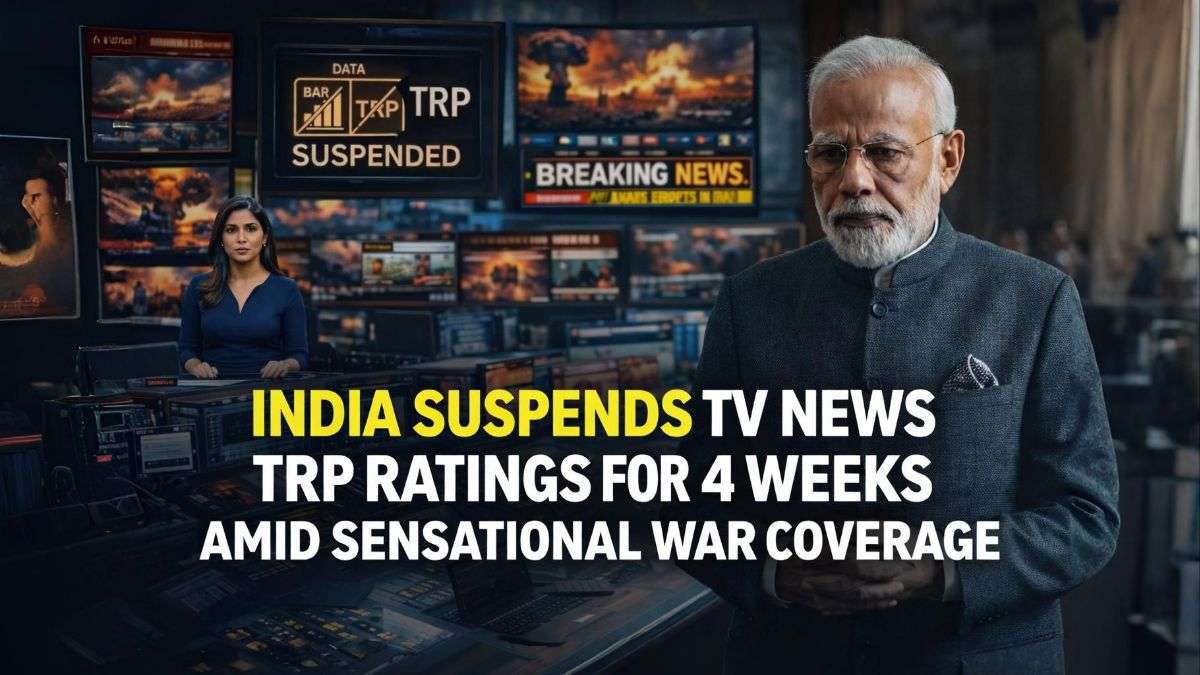 Indian television newsroom screens showing TRP rating suspension news during global war coverage