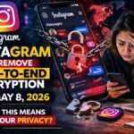Concept image showing Instagram removing end-to-end encryption from Direct Messages in 2026, highlighting social media privacy concerns and Meta’s messaging policy changes.