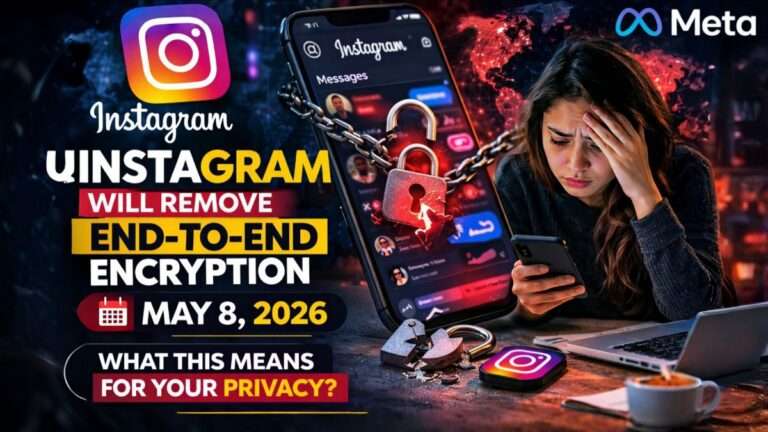 Concept image showing Instagram removing end-to-end encryption from Direct Messages in 2026, highlighting social media privacy concerns and Meta’s messaging policy changes.