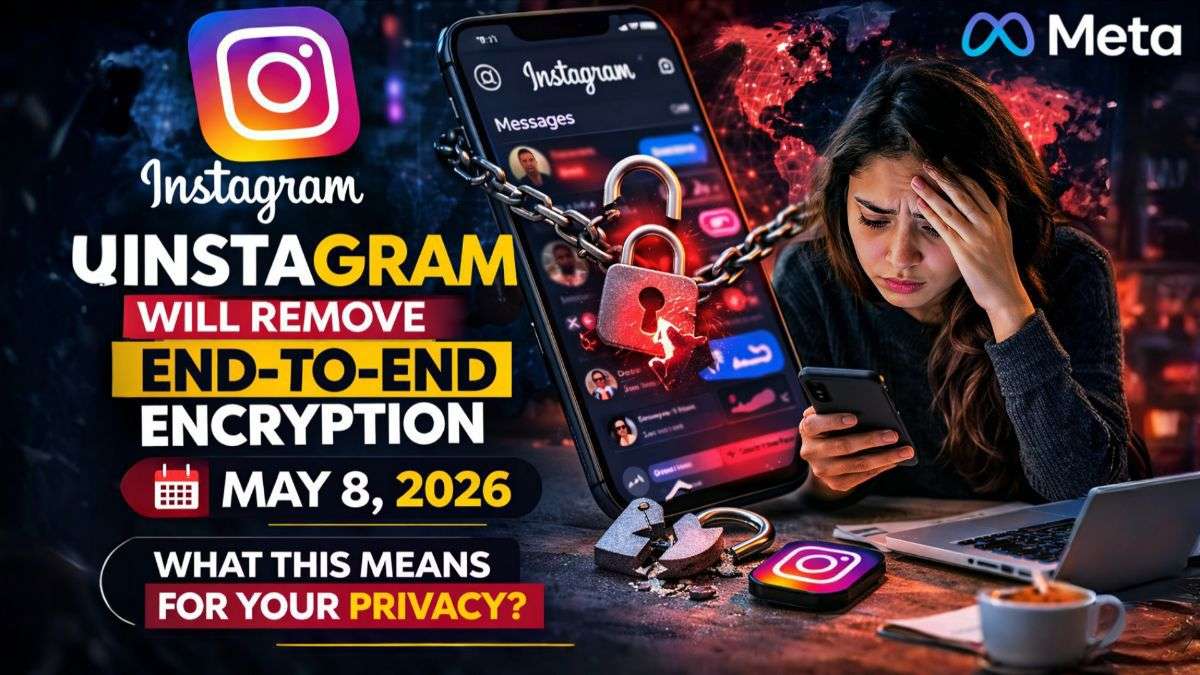 Concept image showing Instagram removing end-to-end encryption from Direct Messages in 2026, highlighting social media privacy concerns and Meta’s messaging policy changes.