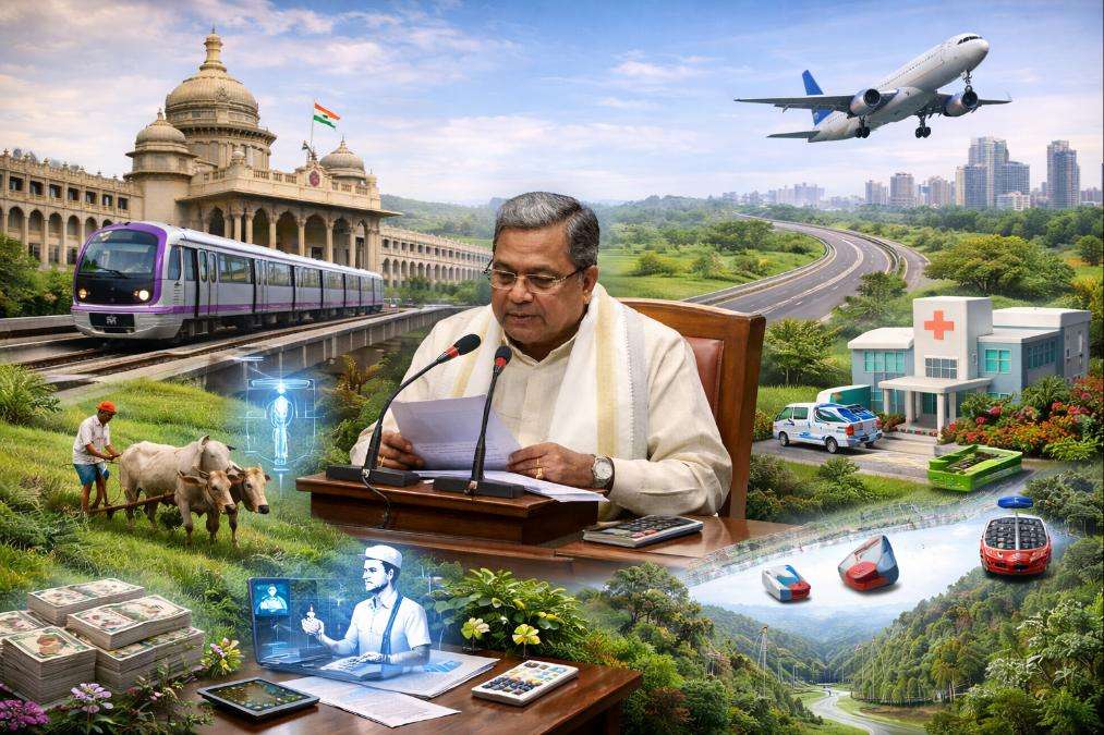 Visual representation of Karnataka Budget 2026-27 announcements including infrastructure development, agriculture support, healthcare expansion and Bengaluru metro projects presented by Siddaramaiah