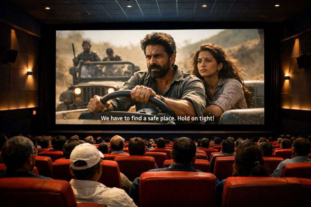 Cinema screen showing subtitles during a movie in an Indian theatre.