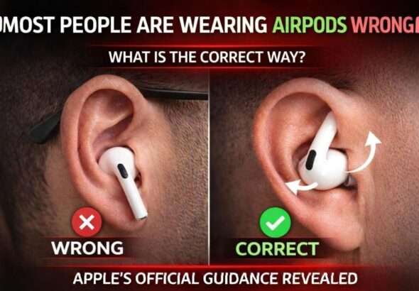 Comparison showing the wrong and correct way to wear Apple AirPods according to Apple official guide