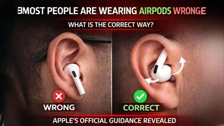 Comparison showing the wrong and correct way to wear Apple AirPods according to Apple official guide