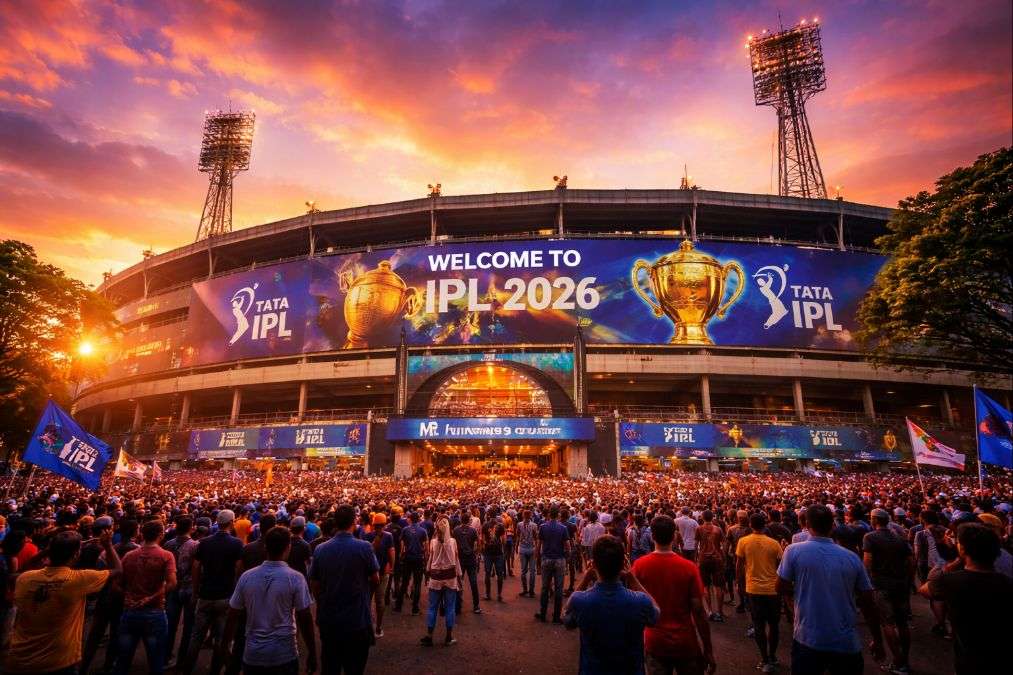 Crowd gathered outside M. Chinnaswamy Stadium in Bengaluru with IPL 2026 welcome banner and illuminated stadium during sunset.