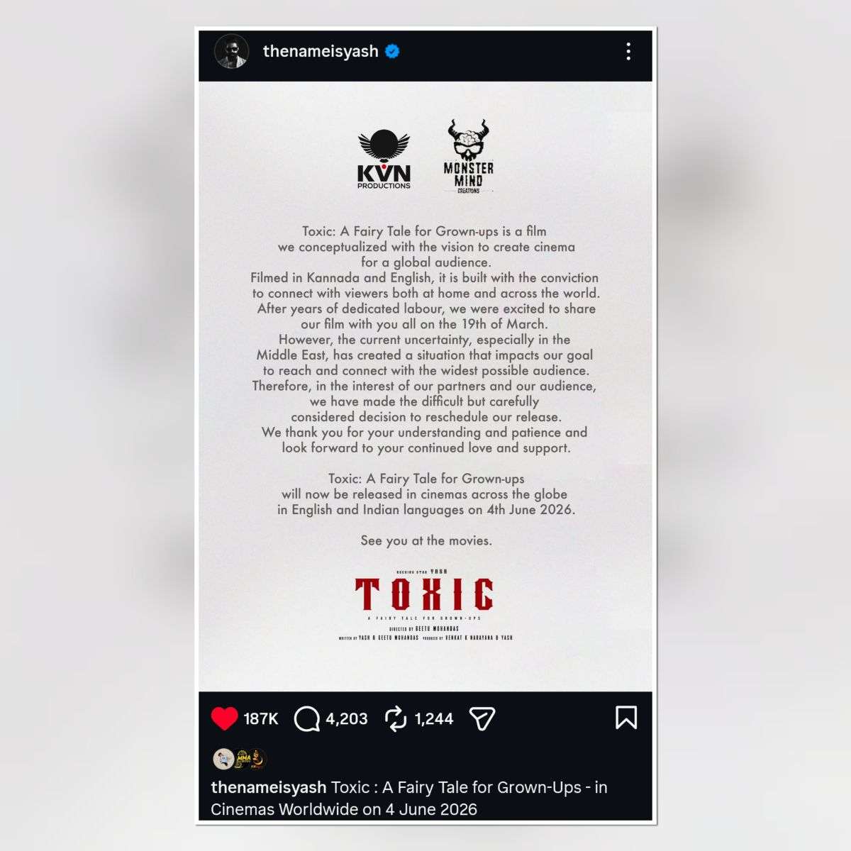 Official statement shared by Yash announcing the postponement of Toxic: A Fairy Tale for Grown-Ups and confirming the new worldwide theatrical release date of June 4, 2026.