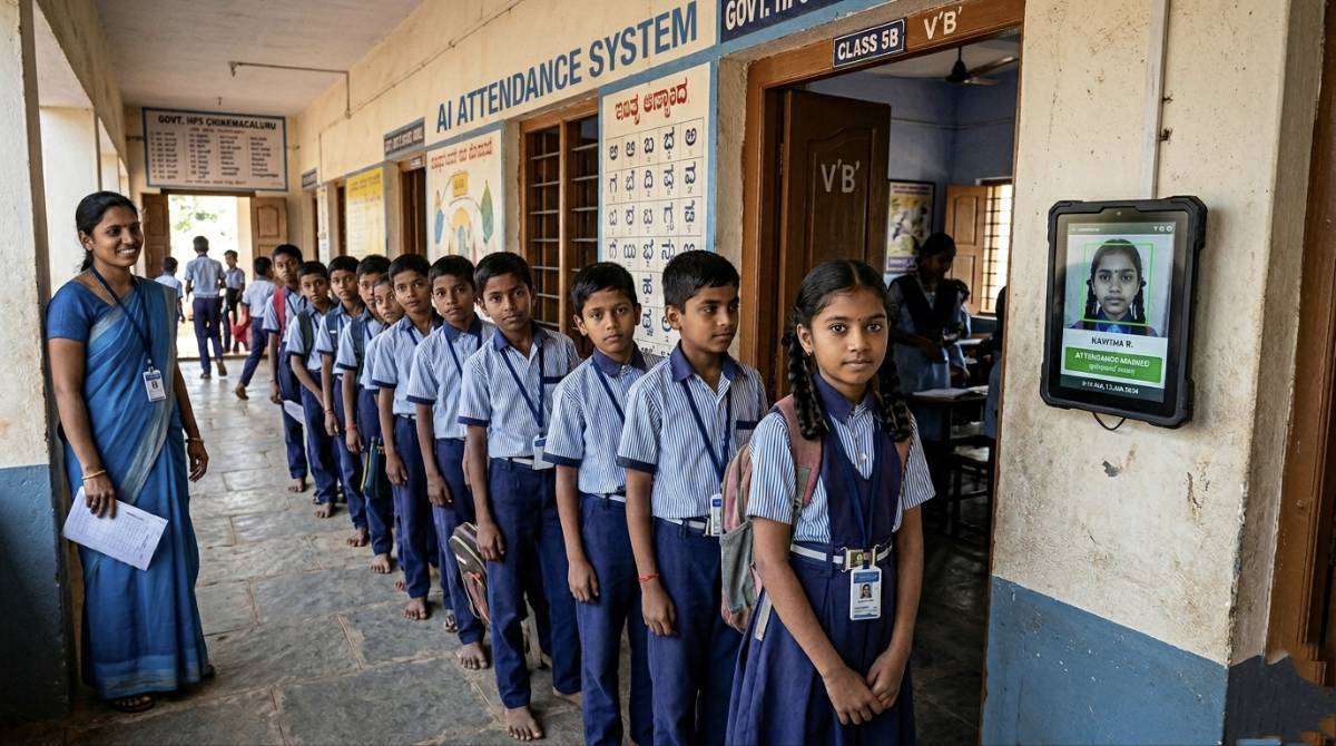 Students using AI facial recognition attendance system in Karnataka school