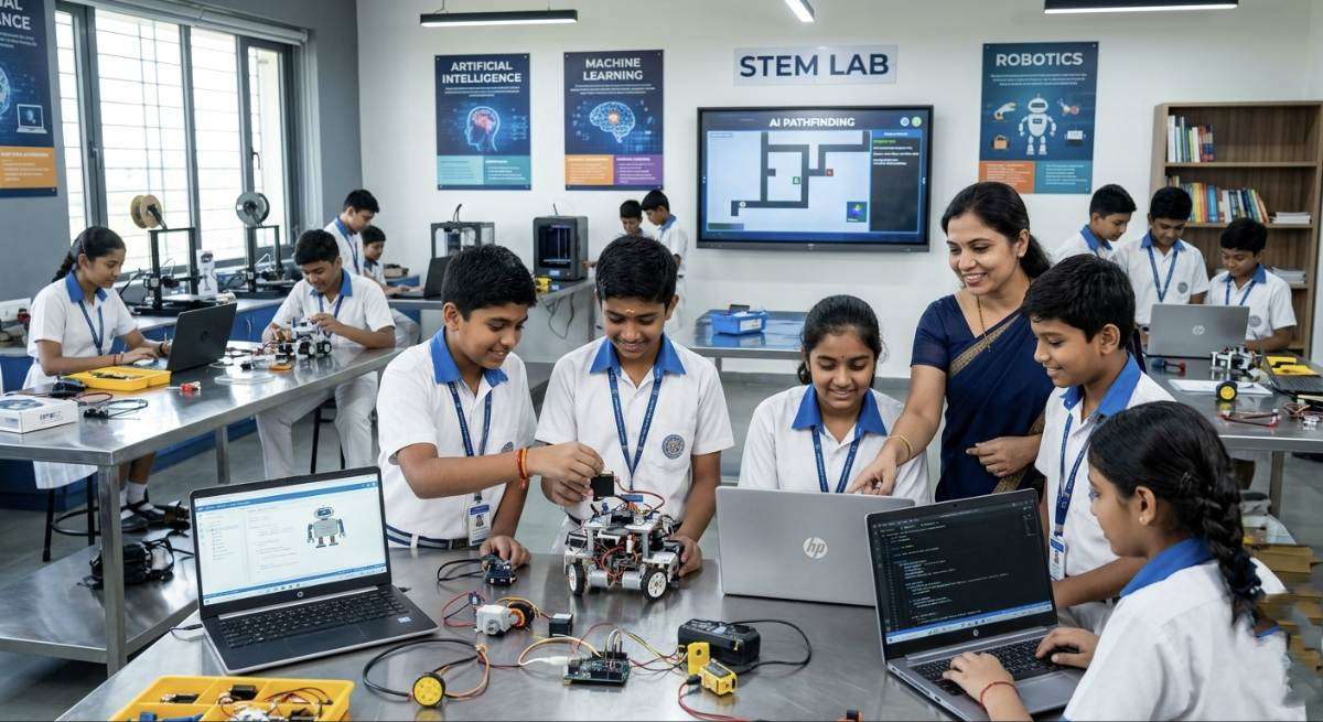 Students learning AI and robotics in school lab India