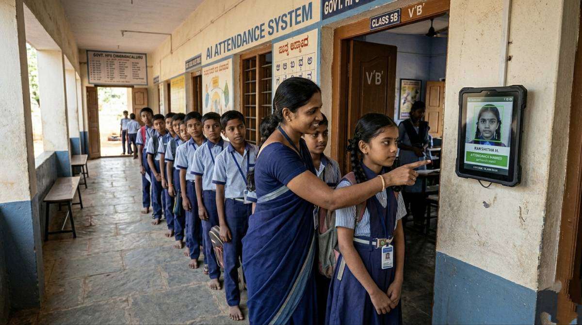 Students using AI facial recognition attendance system in Karnataka government school